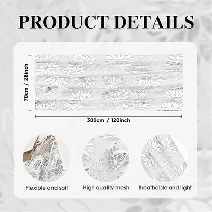 Artoid Mode White Silver Dahlia Flower Gauze Table Runner 120 Inch 10FT, Glitter Metallic Foil Seasonal Sheer Dining Holiday Table Decor for Home Party