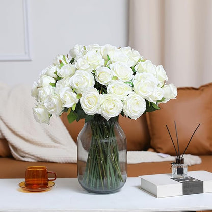Tifuly White Roses Artificial Flowers - 12 pcs Realistic Long Stem Fake Roses Mashup Style Silk Roses for DIY Bouquets Wedding Centerpieces Arrangements Home Party Decor