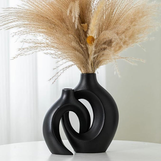 Black Vases Home Decor Set of 2, Ceramic Black Small Flower Vase, Minimalist Boho Decorative Modern Donut Vase for Farmhouse Living Dining Room Office Entryway Bookshelf Coffee Table Décor
