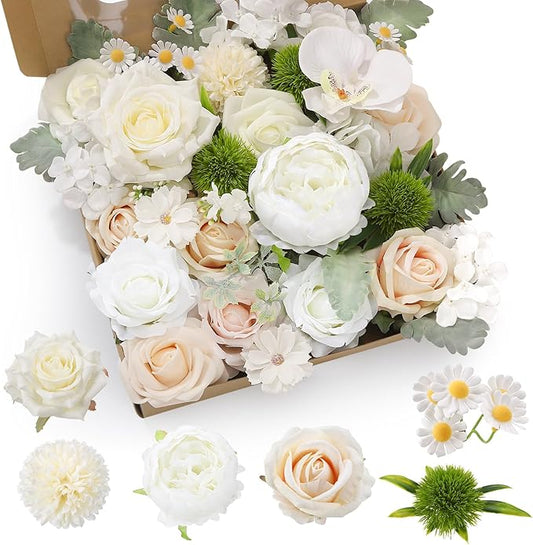 Jspupifip Artificial Flowers Combo Box, Silk Floral Wedding Bouquets Rose with Stem for DIY Wedding Arrangement Bridal Baby Shower Flower Vase Centerpiece Cake Decor (White, Champagne)