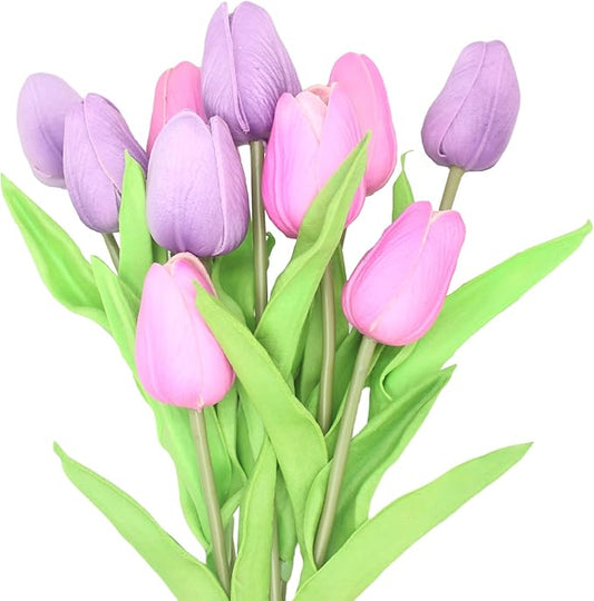 Artificial Flowers 10 Heads Mini Real Touch Artificial Tulip for Home Wedding Party Centerpiece Decoration (Mixed Purple)