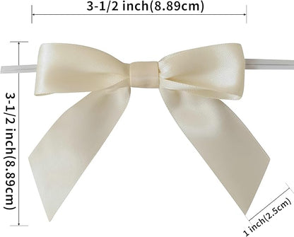 50pcs 3-1/2" Mini Satin Ribbon Bows with Twist Ties for Crafts Cream Color for Gift Wrapping Packing Holiday Candy Decoration (3.5"-Ivory)