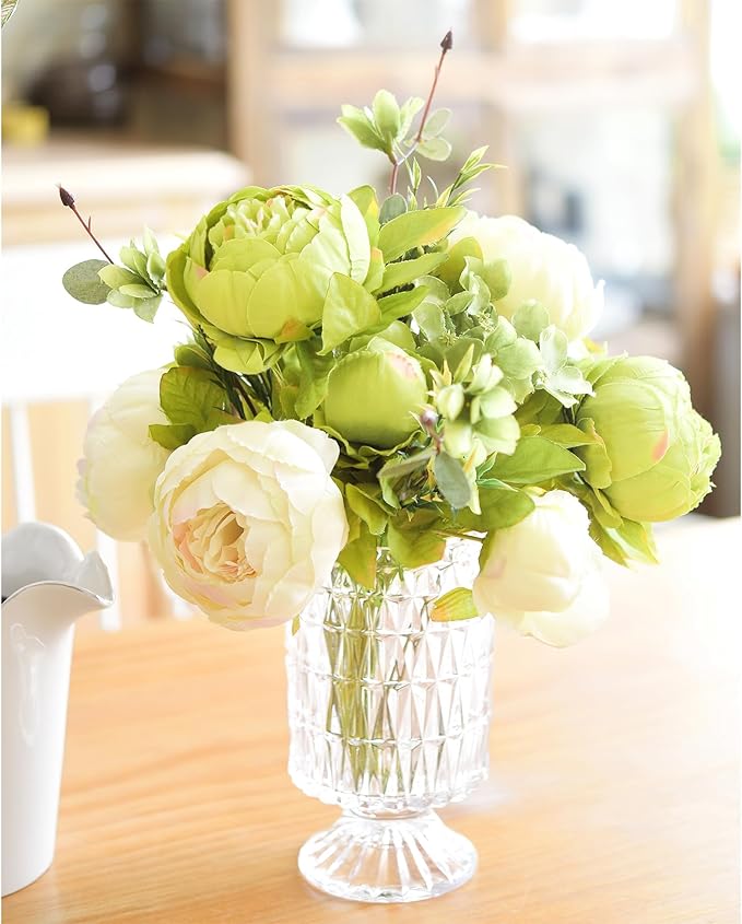 FiveSeasonStuff Mixed Cream Beige and Moss Green Vintage Artificial Silk Flower Peonies 2 Bouquets Floral