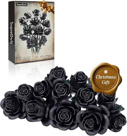 iATOM Black Rose Bouquet Building Set, Gothic Artificial Flowers Botanical Collection Kit for Adults for Home Office Table Centerpiece Retro Decor - IA11001