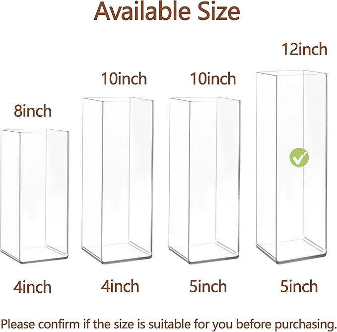 Acrylic Square Flower Vase, Non-breakable Vase, 5" x 5" x 12" Tall Clear Vases for Flower, Large Cube Floral Plant Container, Planter Terrarium for Wedding Party Event, Home Office Decor