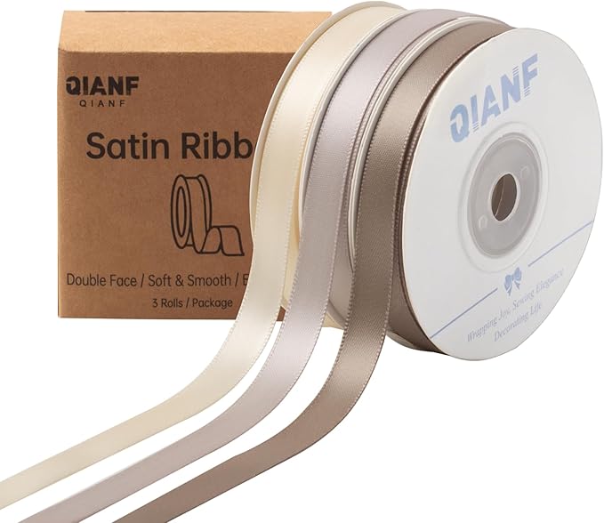 Champagne Double Face Satin Ribbon 3/8 Inch x 45 Yards Ivory Fabric Ribbon for Gift Wrapping, Flower Bouquets, Hair Bows Making, Wedding Decoration, Invitation Cards, Christmas (3 Rolls *15Yd)