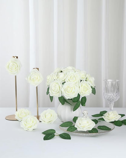 DuHouse 50Pcs Artificial Roses Flowers Fake Roses with Stems Real Touch Foam Flowers for DIY Wedding Bouquet Baby Shower Centerpiece Floral Arrangement Party Home Decor(Cream)
