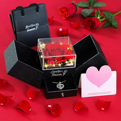 Preserved Real Red Rose with I Love You Necklace for Women, Wife, Girlfriend, Mom, Grandma Romantic Gift for Anniversary, Birthday, Valentine's Day, Mother's Day