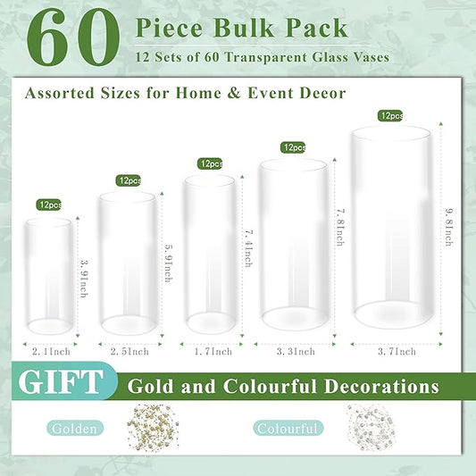 60pcs Cylinder Glass Vase for Centerpieces, 4,6,7.5,8,10 inch Tall Clear Flower Vase Bulk Floating Candle Holder for Wedding Table Home Décor and Party