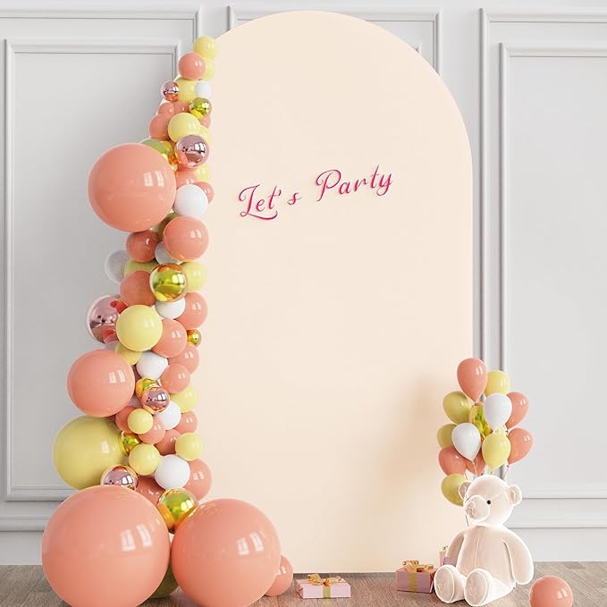 Wokceer Wedding Arch Cover 8FT Spandex Fitted Wedding Arch Stand Covers Round Top Chiara Arch Backdrop Cover for Birthday Party Ceremony Banquet Decoration Beige