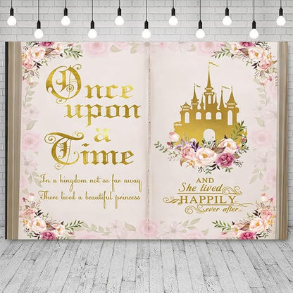 8x4ft Once Upon a Time Backdrop Pink Flower Gold Castle Photography Background Fairy Tale Books Floral Princess Girls Birthday Banner Decorations Fairytale Wedding Portrait Photo Booth Prop