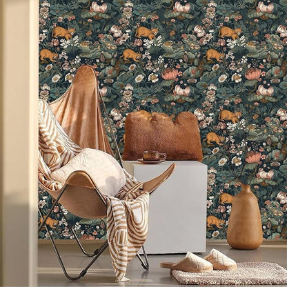 Vintage Maximalism Lotus Floral Animals Forest Green Leaf Peel and Stick Wallpaper Easy Peel Off Stick on Adhesive Wall Paper for Waterproof Renter