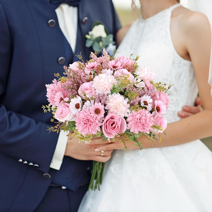 Dremisland Artificial Flowers Like Real Artificial Bouquet 2 Packs Silk Artificial Roses Bouquet with Daisy Chrysanthemum Pink Flowers for Centerpiece Table Wedding Party Home Decor