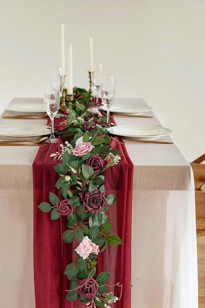 Ling's moment 5FT Burgundy Artificial Flower Garland Dusty Rose Leaves Floral Garland Arch Flowers Vine for Wedding Party Backdrop Decor Mantel Home Table Centerpieces Wall Decorations