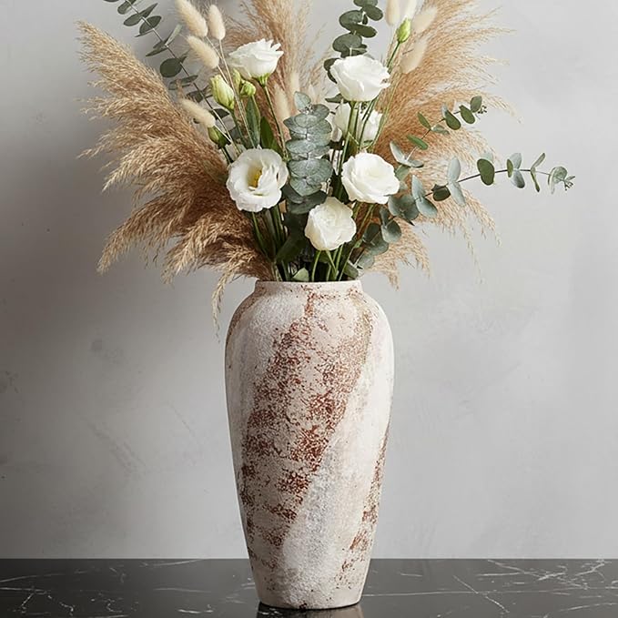 Vintage Ceramic Vase, Minimalist Texture Stone Patterned White Flower Vase, Decorative Vase for Living Room Shelf Farmhouse Dining Table Centerpiece Decor (Rustic 13.7'')