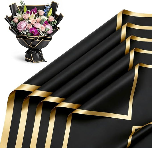 Tuojecuk Flower Bouquet Wrapping Paper, 20 Sheet Waterproof Floral Bouquet Wrapping Paper, Florist Supplies Packaging Paper for Wedding Birthday Gift (Black)
