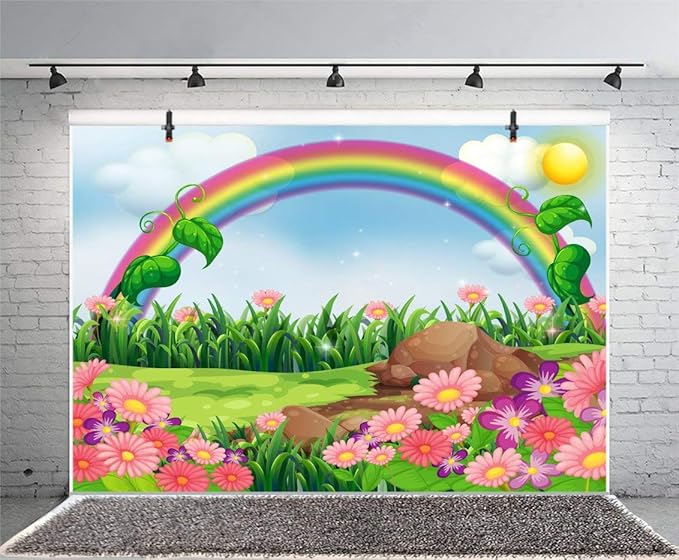 AOFOTO 10x7ft Cartoon Spring Flowers Rainbow Backdrop Meadow Sweet Floral Blossom Sky Sun Enchanting Garden Scenery Background for Kids Baby Shower Birthday Party Decor Wallpaper Photoshoot Props
