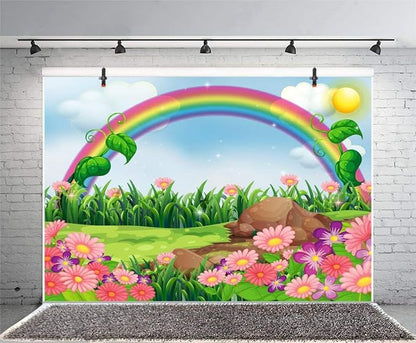 AOFOTO 10x7ft Cartoon Spring Flowers Rainbow Backdrop Meadow Sweet Floral Blossom Sky Sun Enchanting Garden Scenery Background for Kids Baby Shower Birthday Party Decor Wallpaper Photoshoot Props