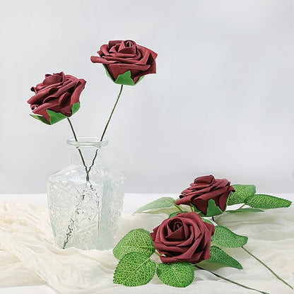 Meldel Artificial Flower 25pcs Real Touch Burgundy Rose Fake Foam Roses with Stems for DIY Wedding Bouquets Gifts Bridal Shower Faux Floral Centerpieces Arrangements Home Party Tables Decorations