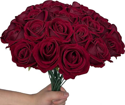 FagusHome 30 Pcs Silk Rose Artificial Flowers Roses Bulk Bouquet Fake Flowers Rose Heads with Stems for Home Wedding Decor (Dark Red)