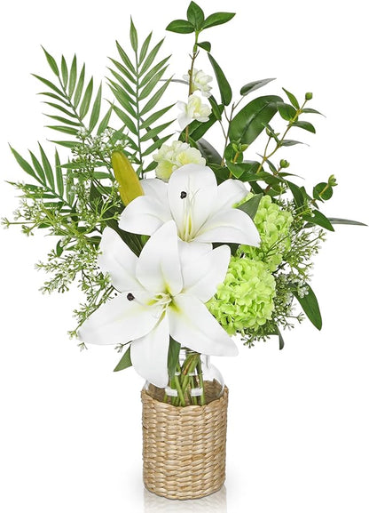 Hollyone Fake Flowers with Vase, Easter Lily Flowers, White Silk Tiger Lily and Hydrangea Artificial Flowers in Vase, Faux Plants and Flowers Arrangement Bouquets for Table Centerpieces Home Decor