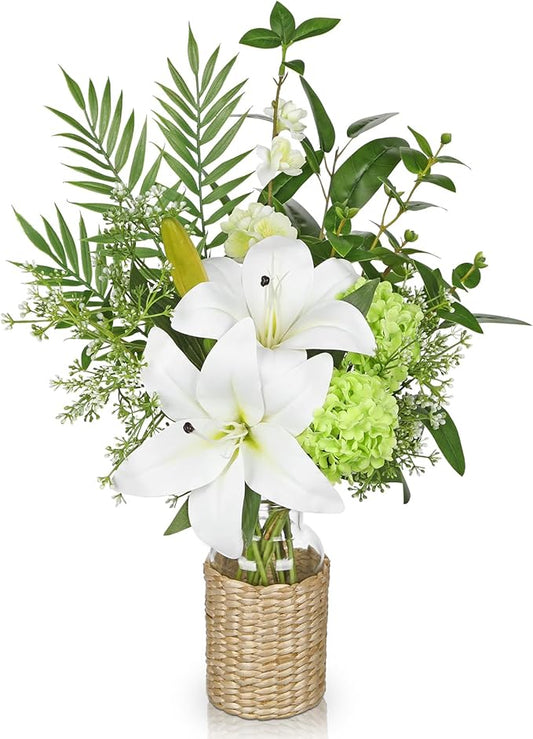 Hollyone Fake Flowers with Vase, Easter Lily Flowers, White Silk Tiger Lily and Hydrangea Artificial Flowers in Vase, Faux Plants and Flowers Arrangement Bouquets for Table Centerpieces Home Decor