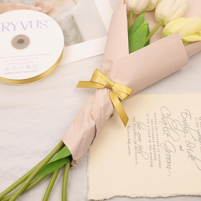 Light Gold Satin Ribbon, Double Faced 3/8 Inch X 25 Yards Light Gold Ribbon, Premium Satin Ribbon for Gift Wrapping, Crafts, Hair Bow Making, Sewing, Flower Bouquet, Wedding Party Decor