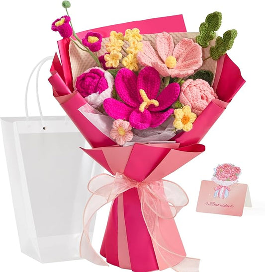 Alecono Crochet Flower Bouquet, Hot Pink Knitted Flowers, Crochet Tulips Flower for Lover Anniversary Birthday Party Mother's Day Graduation Gifts (Include Card)