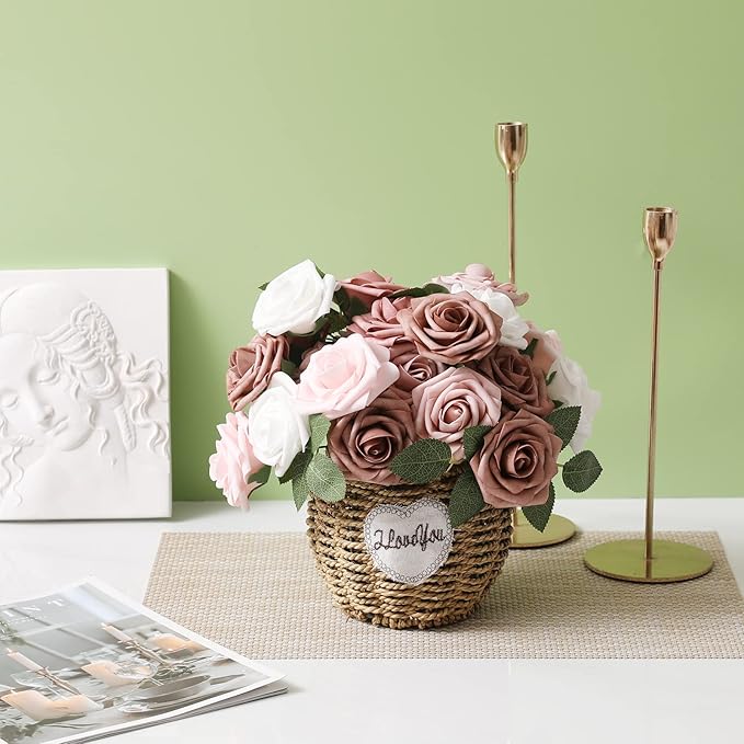 DerBlue 60pcs Artificial Roses Flowers Real Looking Fake Roses Artificial Foam Roses Decoration DIY for Wedding,Arrangements Party Home Decorations (Shades of Dusty, 60pcs Regular 3")
