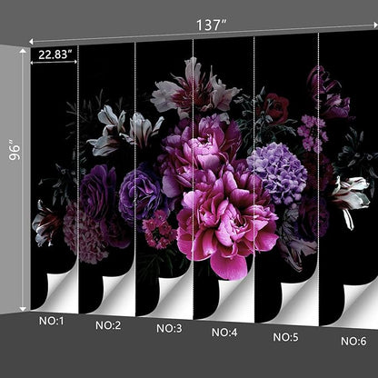 Black Peony Floral Wallpaper Bedroom Purple Botanical Flowers Leaf murals Living Room tv Background Large Wall Mural Aesthetic Room Decor - 137"x96" Not Peel and Stick