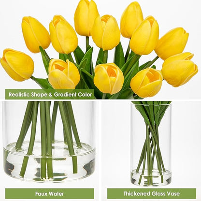 DILATATA 12 Pcs Artificial Real Touch Tulips Flowers in Glass Vase with Faux Water, Tulips Fake Arrangements Yellow Tulips with Vase for Dining Table Home Decor Wedding Centerpieces
