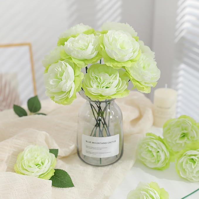 12 PCS Artificial Silk Green Peony Flowers with Stems - 8 Inch Fake Peony Bouquet for Wedding, Home Decor, Office Table, Festival Gifts