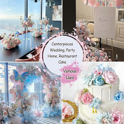 Artificial Flowers Combo Box Set Baby Blue Pink Silk Roses with Stems Crystal DIY Pastel Rainbow Bridal Wedding Bouquets Cake Fake Floral Arrangements Baby Shower Party Table Centerpieces Home Decor