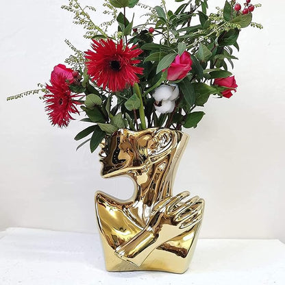 Elegant Gold Ceramic Vase Unique Flower Vase for Home Decor Perfect for Living Room Dining Table Centerpiece (Gold, 1 Pcs)