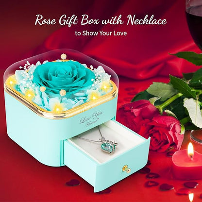 Blue Preserved Real Rose with Necklace Jewelry Box -Eternal Flowers Rose Gifts for Grandma Wife Girlfriend on Valentines Mothers Day Christmas Birthday Anniversary Romantic Gifts for Her