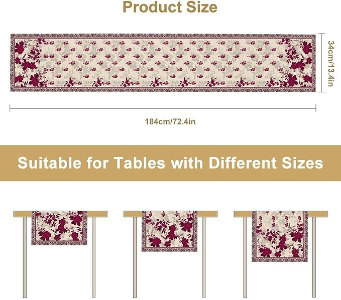 Elegant Floral Table Runner, Vintage Burgundy Maroon Flowers Classic Art Table Decoration Runner for Kitchen Dining Holiday Party Wedding Home Decor, 13x70 Inch