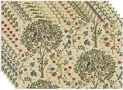 Vintage Trees Placemats Set of 6, William Morris Retro Boho Botanical Plant Birds Place Mats, Heat Resistant Non Slip Cotton Linen Dining Table Mats for Home Kitchen Party 18x12 Inch