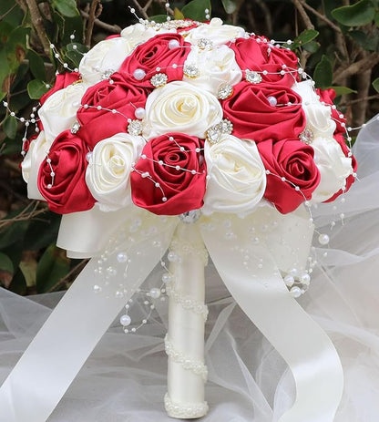 Bridal Wedding Bouquet Round Bling Brooch Bouquet Throw Toss Artificial Rose Flower Bunch for Bride Bridesmaid Wedding Quinceanera(Ruby Red & Ivory, 6.3")