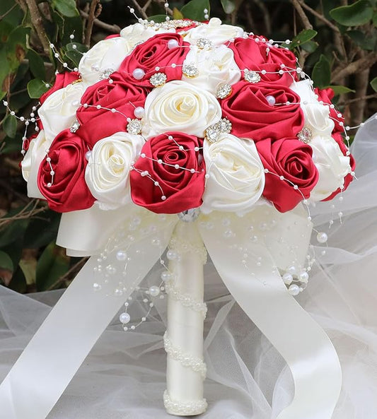 Bridal Wedding Bouquet Round Bling Brooch Bouquet Throw Toss Artificial Rose Flower Bunch for Bride Bridesmaid Wedding Quinceanera(Ruby Red & Ivory, 6.3")