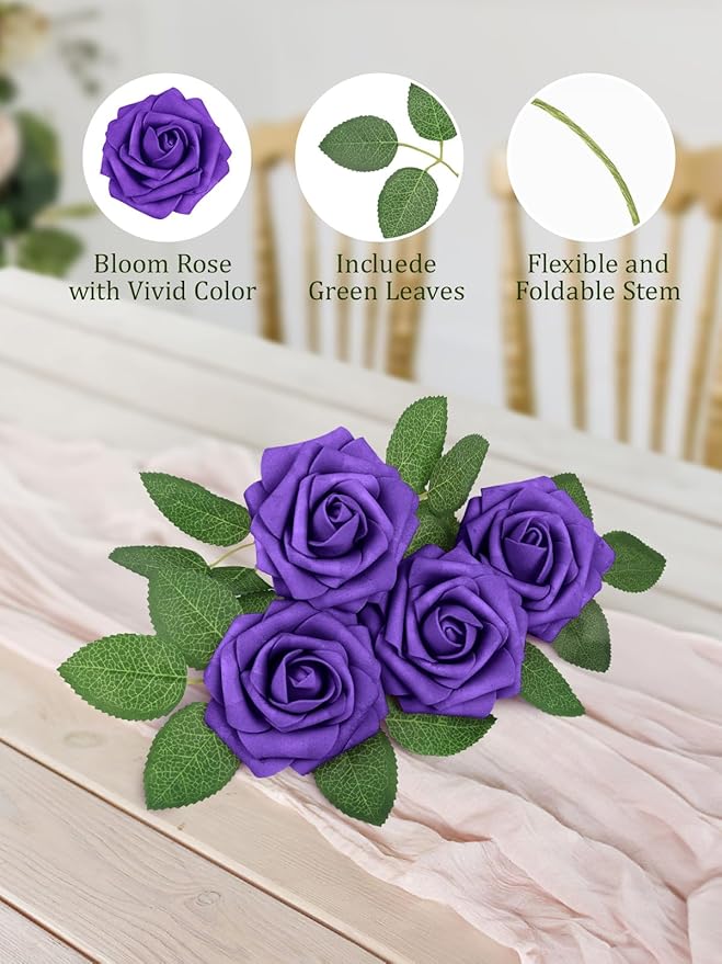 MACTING Purple Artificial Flowers 30PCS Fake Roses with Stem Real Touch Soft Foam Roses for Valentines Day Gifts DIY Wedding Bouquet Table Centerpieces Party Bridal Shower Home Spring Decorations