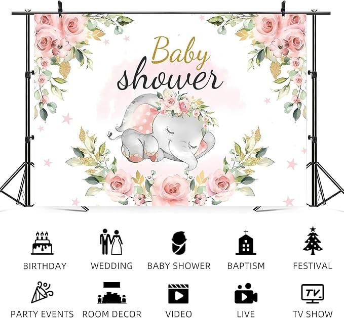 8x6ft Elephant Baby Shower Backdrop for Girl Pink Flowers Photography Background Newborn Girls Birthday Banner Decorations Sweet Princess Baby Party Portrait Photo Booth Prop