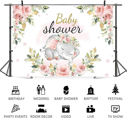 10x6.5ft Elephant Baby Shower Backdrop for Girl Pink Flowers Photography Background Newborn Girls Birthday Banner Decorations Sweet Princess Baby Party Portrait Photo Booth Prop