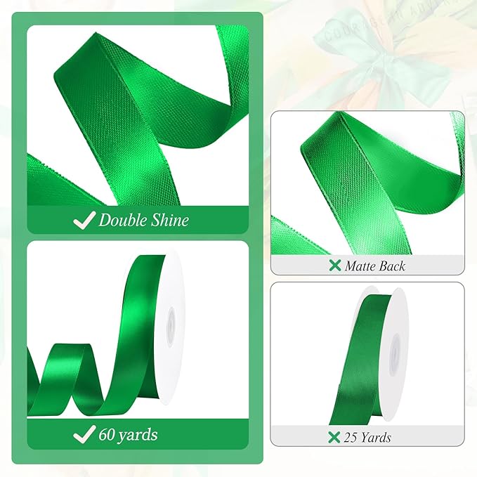 Green Ribbon 1 inch 60 Yards Christmas Ribbon Double Faced Green Satin Ribbons for Gift Wrapping Crafts Hair Bows Home Party Christmas Decorations