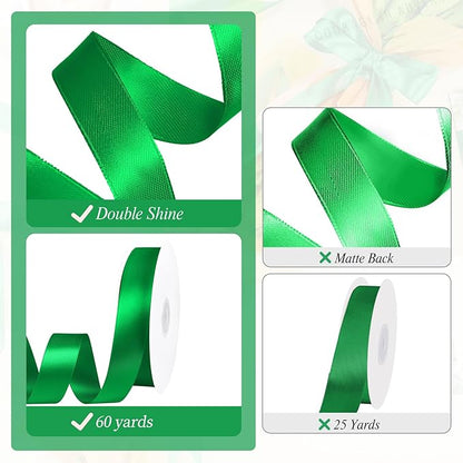 Green Ribbon 1 inch 60 Yards Christmas Ribbon Double Faced Green Satin Ribbons for Gift Wrapping Crafts Hair Bows Home Party Christmas Decorations