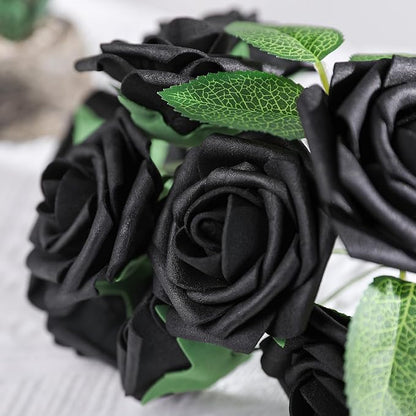 AmyHomie Artificial Flowers Black Rose 25pcs Real Looking Fake Roses w/Stem for DIY Wedding Bouquets Centerpieces Arrangements Party Baby Shower Valentines Day Christmas Tree Decorations