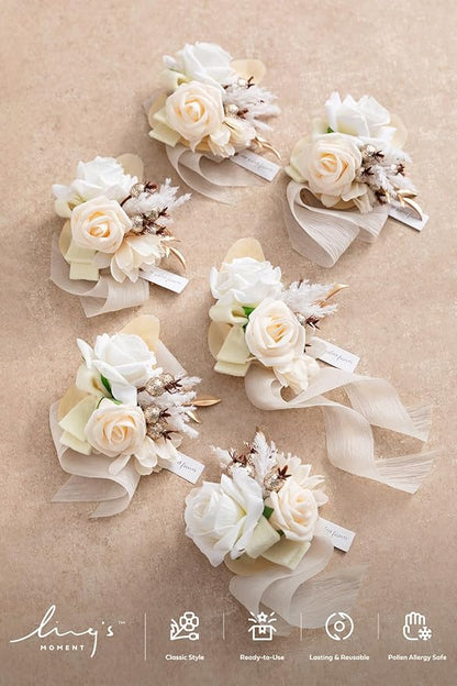 Ling's moment 6pcs Wedding Wrist Corsage Artificial Flowers, Girl/Mother Homecoming Prom Corsages Wristlet Décor, etc. Boho White Nude