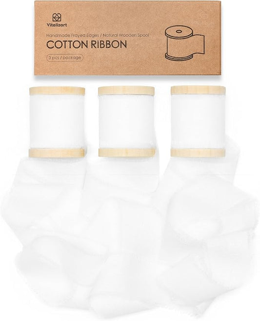 Vitalizart White Ribbon 1-1/2" x 15 Yd 100% Cotton Handmade Frayed Fringe Fabric Ribbons for Gift Wrapping Wedding Invites Bridal Shower Bouquets Christmas Decorations