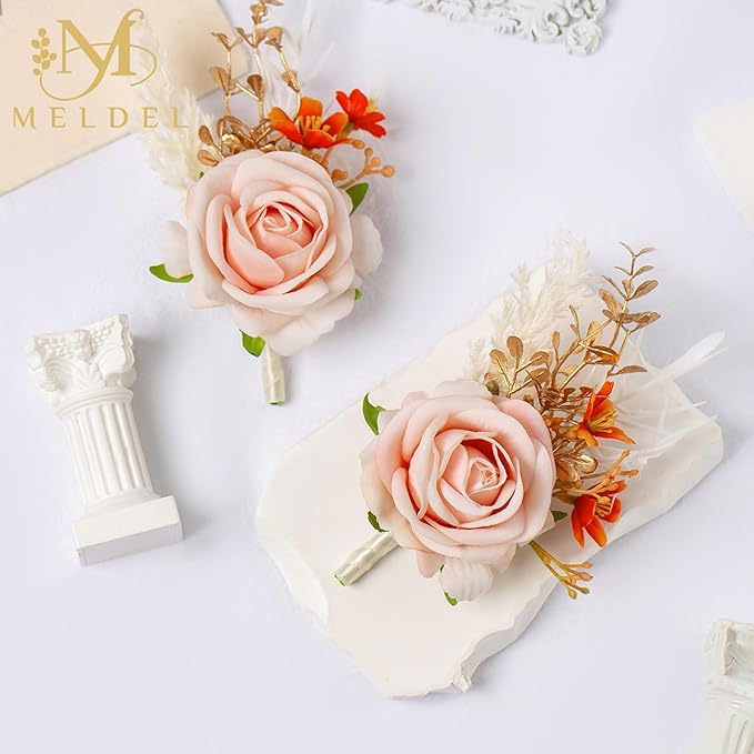 Meldel Pink Velvet Rose Boutonniere for Men,Set of 6,Groom and Best Man Boutonnieres with Artificial Flower,for Wedding Ceremony Anniversary, Formal Dinner Party, Fall Vintage Rustic Marriage Prom