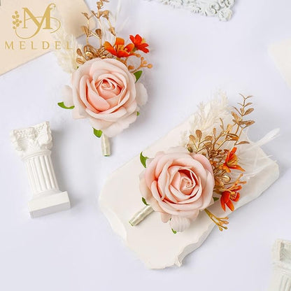 Meldel Pink Velvet Rose Boutonniere for Men,Set of 6,Groom and Best Man Boutonnieres with Artificial Flower,for Wedding Ceremony Anniversary, Formal Dinner Party, Fall Vintage Rustic Marriage Prom