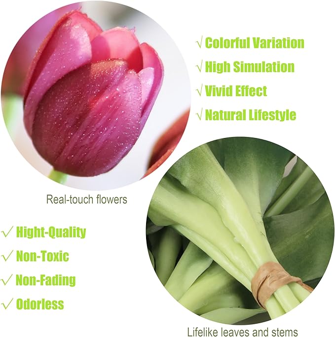 20pcs Artificial Tulip Flowers,16 Inch Real Touch Tulip Stems with Faux Leaves, Faux Tulips and Buds for Home Décor Centerpiece Ornament Wedding Bouquet,Deep Purple